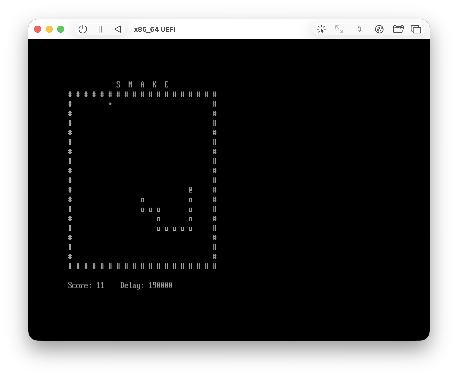 Screenshot of my UEFI Snake game running in UTM